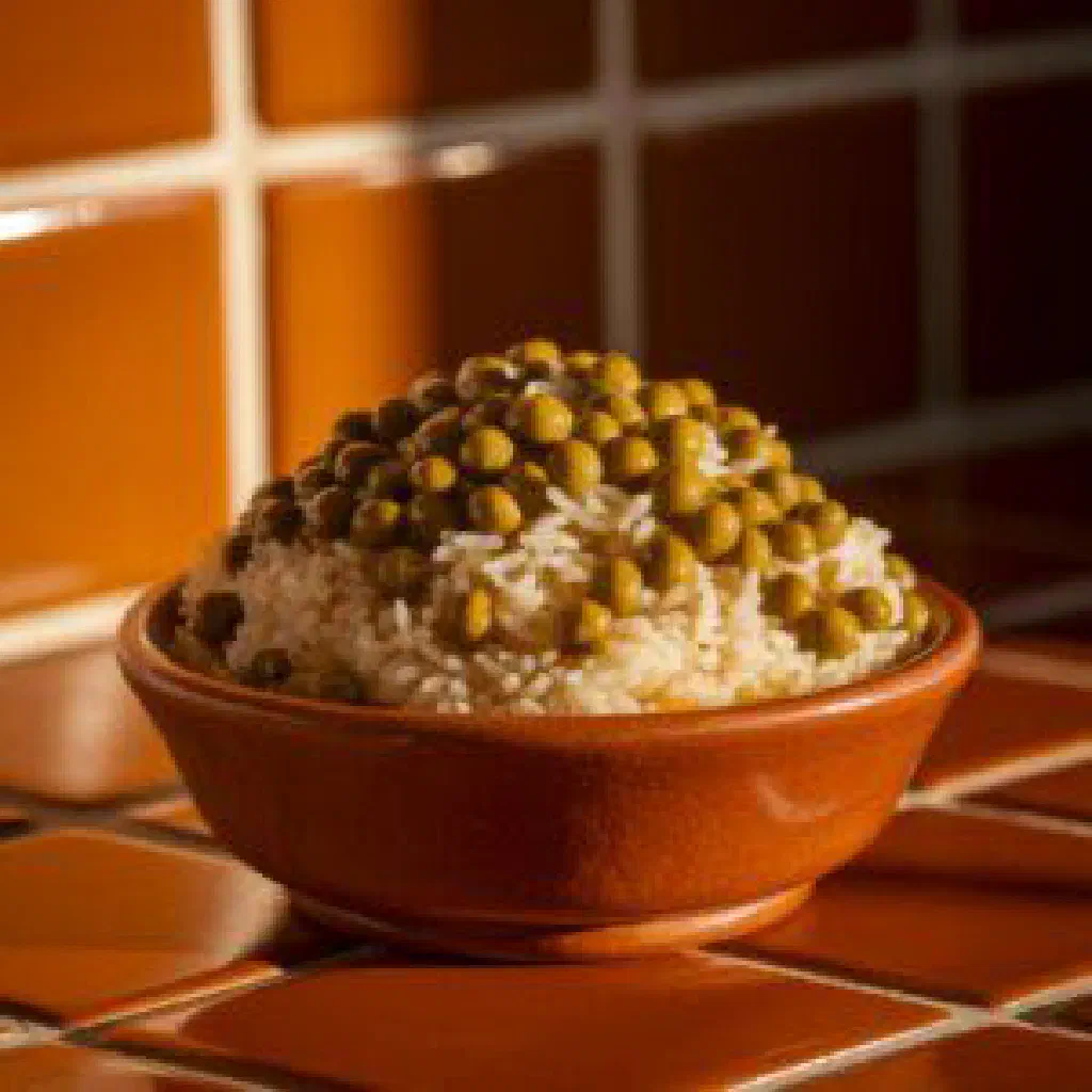 Bowl of Moros y Cristianos rice and black beans with fresh coriander