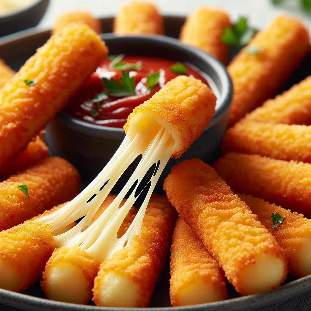 Golden fried Dominican cheese sticks piled on a wooden board
