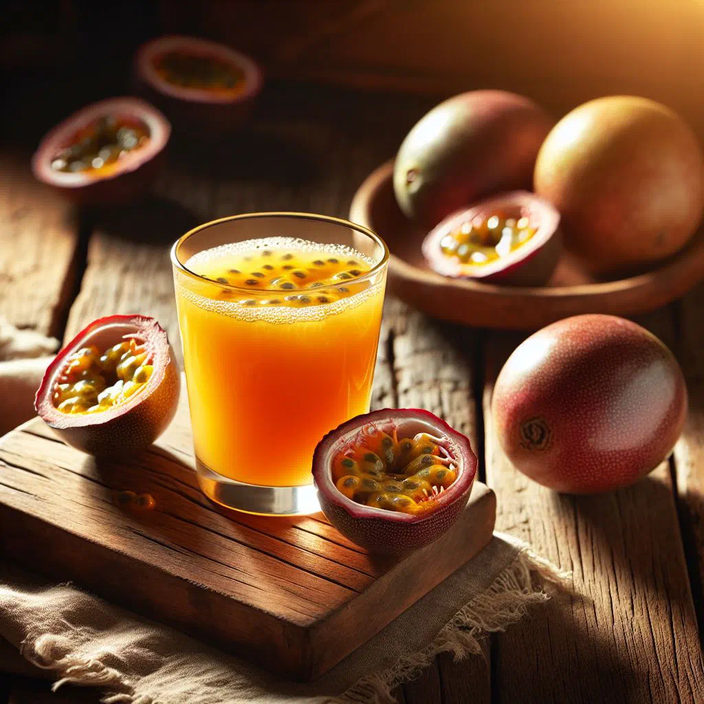 Glass of chilled Dominican passion fruit juice with ice and fresh mint