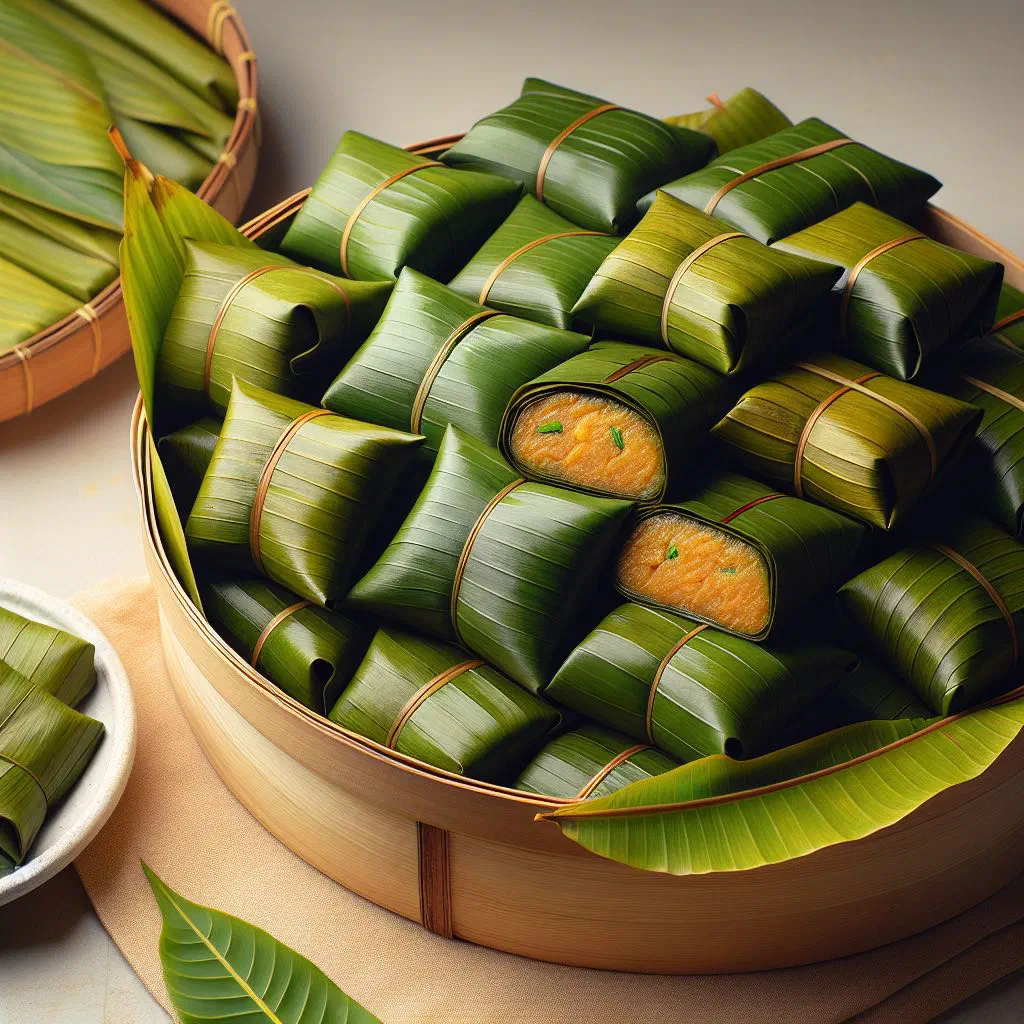 Dominican pasteles en hoja unwrapped from banana leaves on a plate