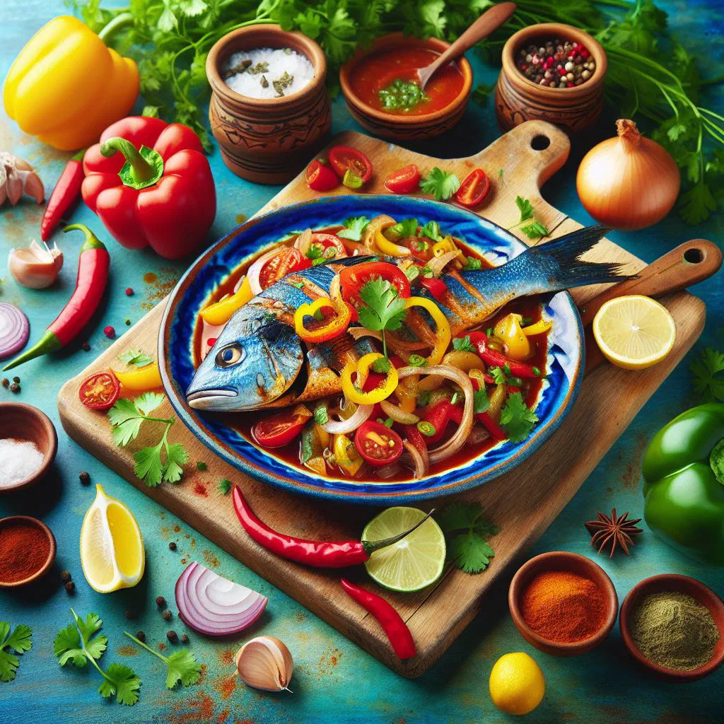 Fish fillets simmered in a rich tomato sauce with peppers and fresh coriander