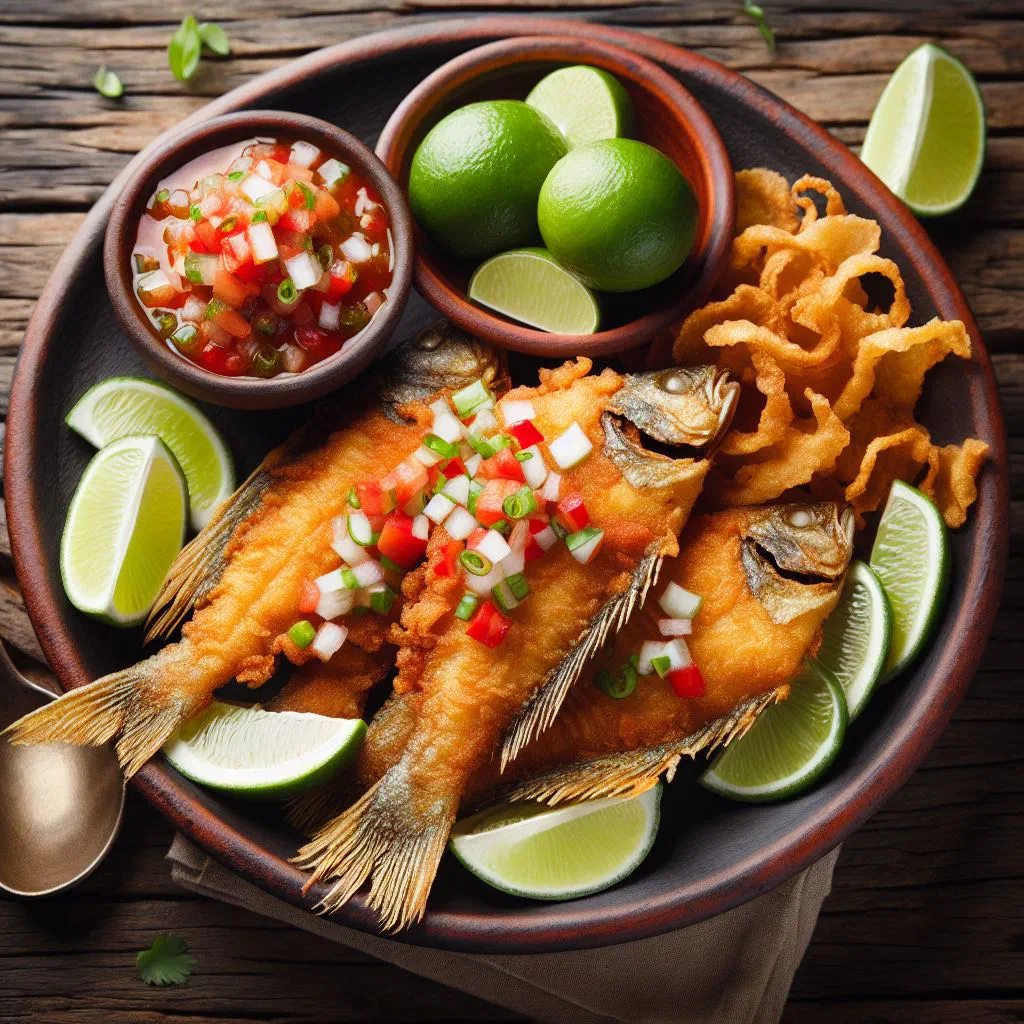 Crispy fried whole fish with lime wedges and fresh herbs