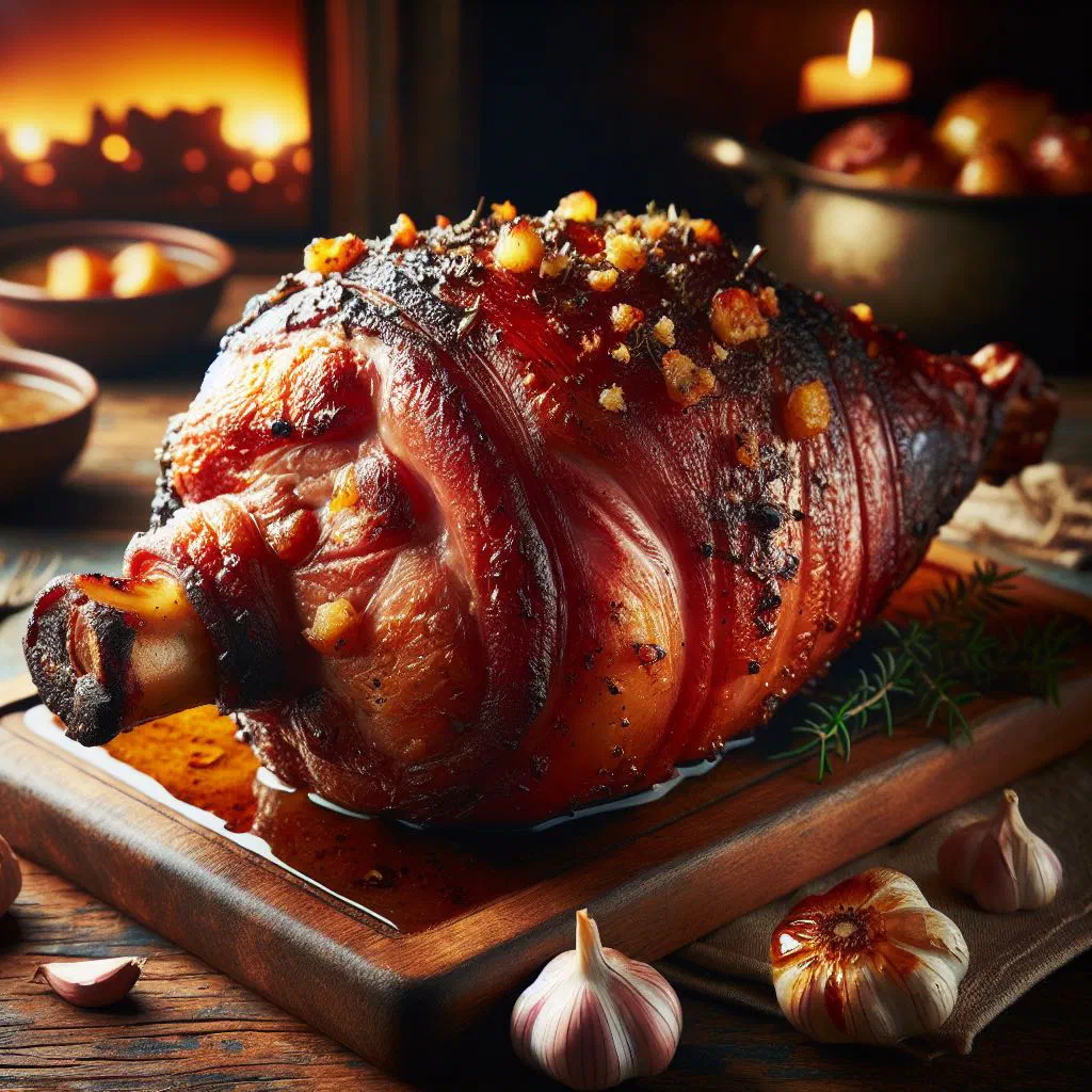 Sliced roast pork leg with a golden crust, garnished with lime and coriander