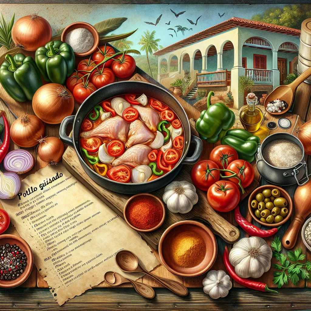 Braised Dominican chicken stew with peppers and onions, served with rice