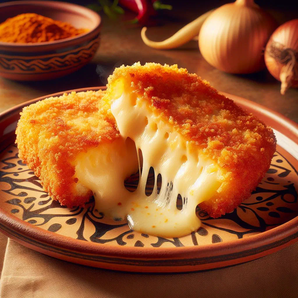 Golden fried queso frito slices on a plate with fresh herbs