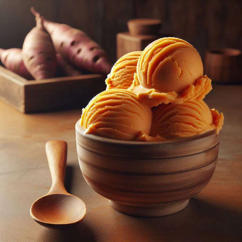 Scoops of creamy sweet potato ice cream in a glass bowl with a dusting of cinnamon