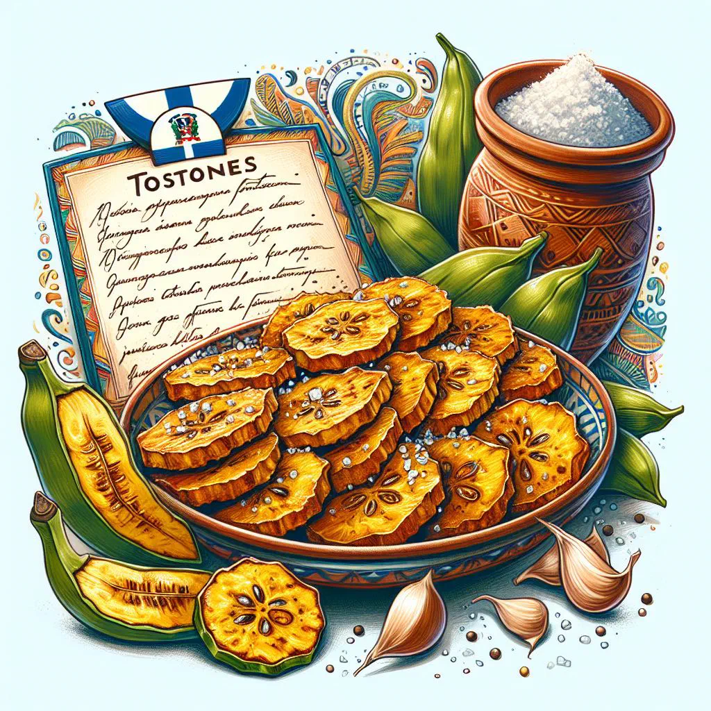 Golden fried tostones stacked on a plate with a spicy dipping sauce