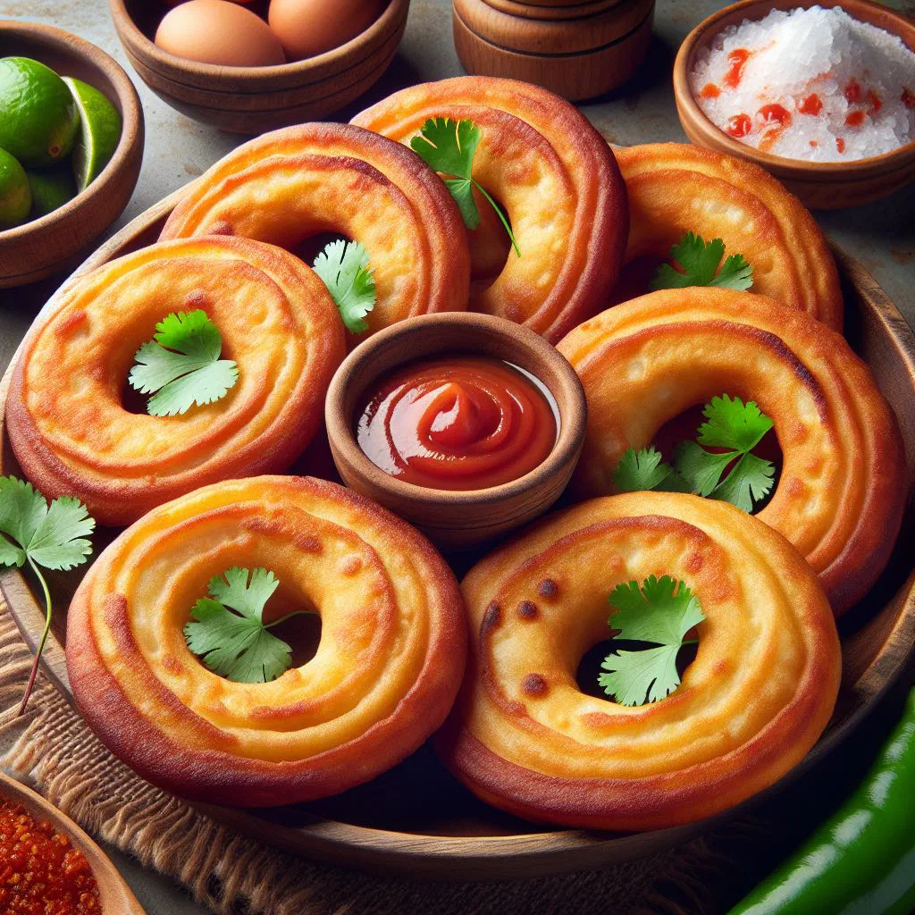 Crisp golden yaniqueques stacked on a plate with a fresh dip