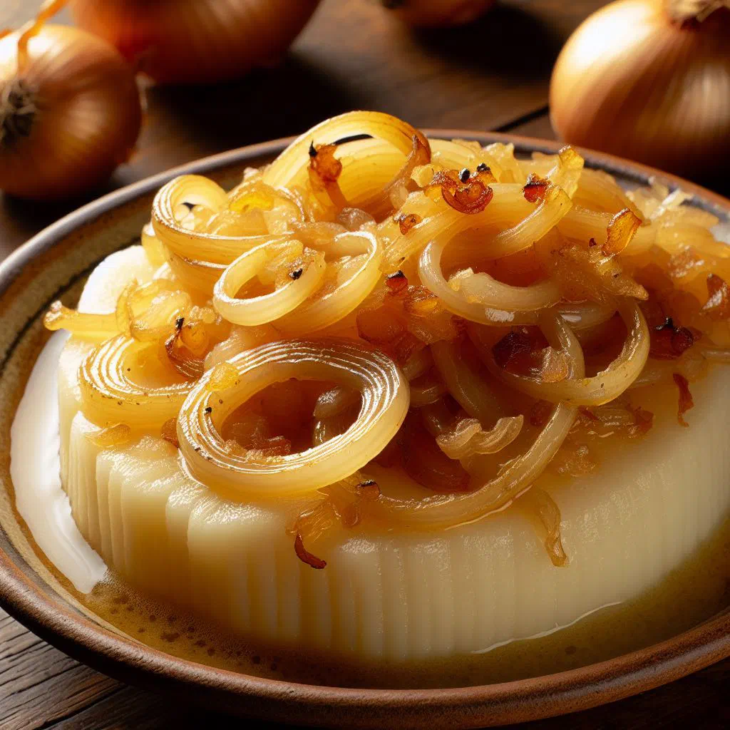 Boiled cassava pieces tossed with golden sautéed onion rings