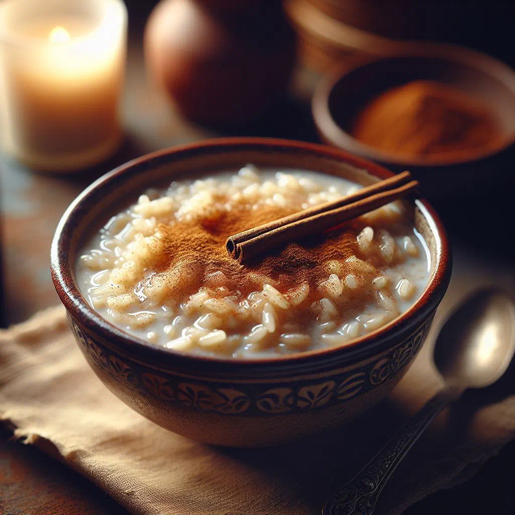 Creamy arroz con leche dusted with cinnamon in a dessert bowl