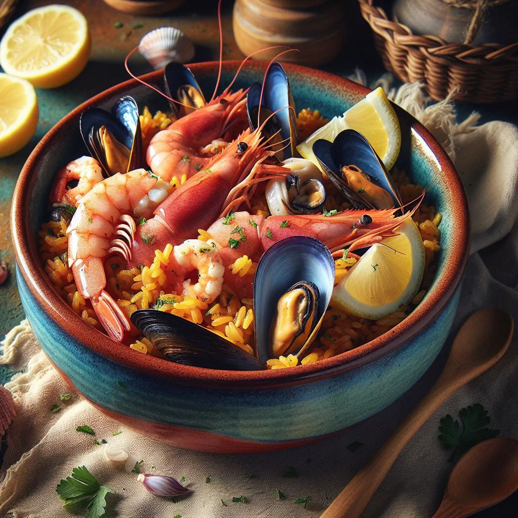 Ecuadorian arroz marinero with mixed seafood, rice and fresh parsley