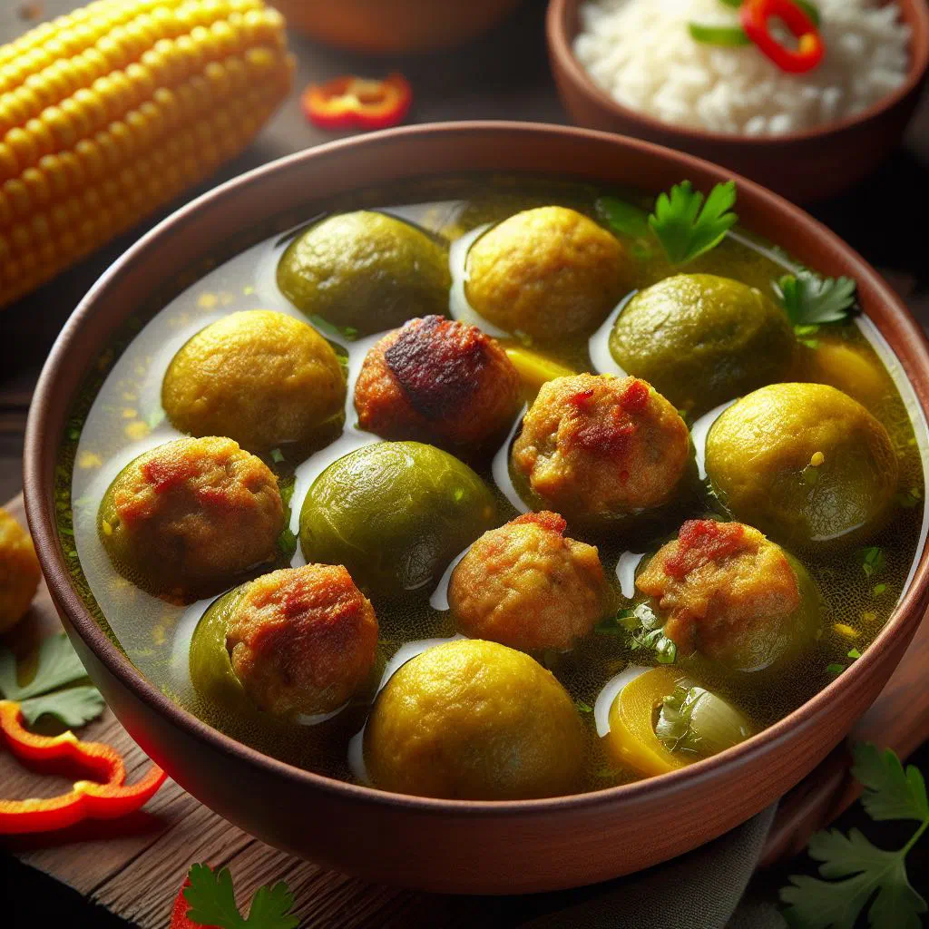 Bowl of caldo de bolas with plantain meatballs and fresh coriander
