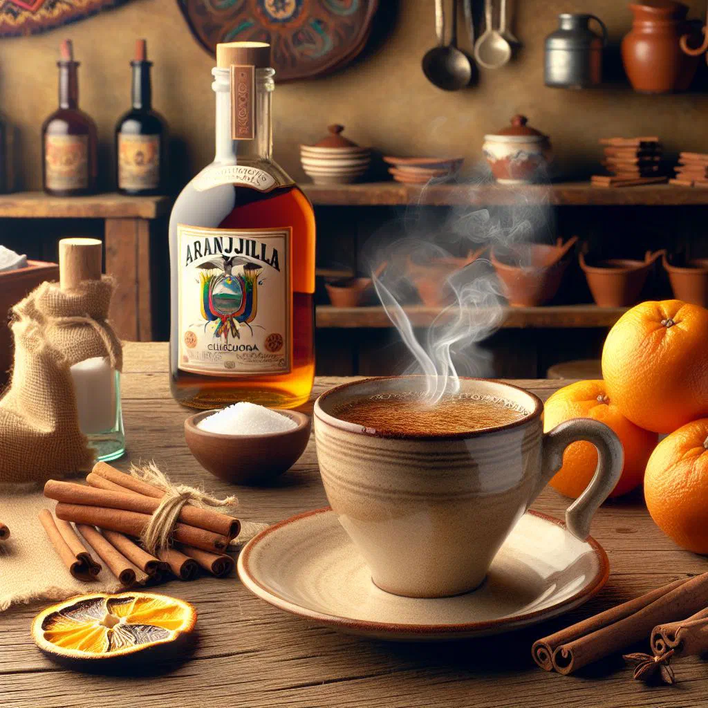 Steaming glass of canelazo garnished with a cinnamon stick and orange
