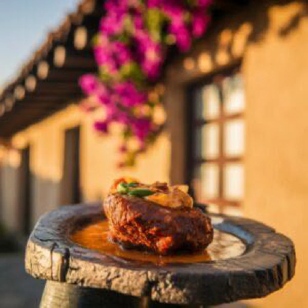 Grilled marinated beef skewers served on a wooden board