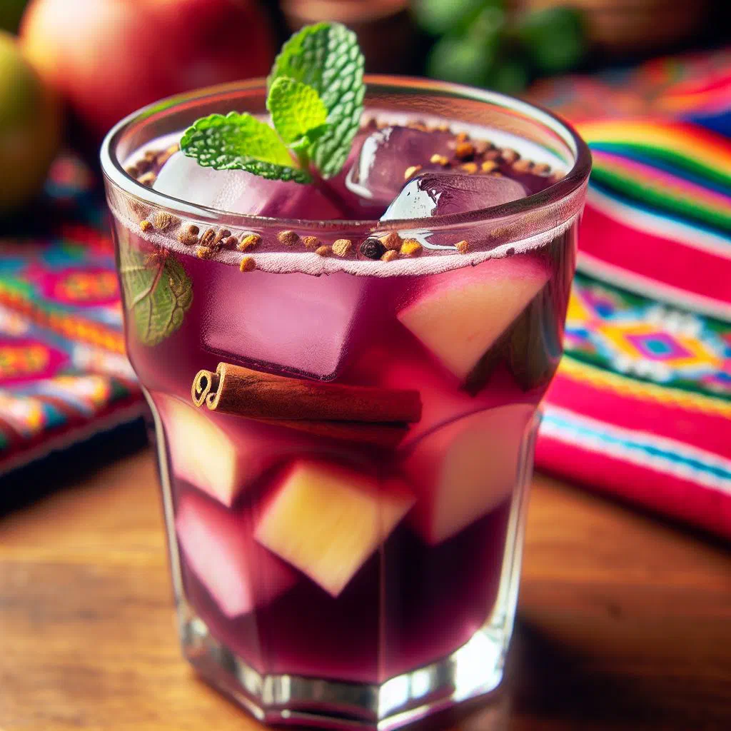 Glass of deep purple chicha morada garnished with fresh fruit