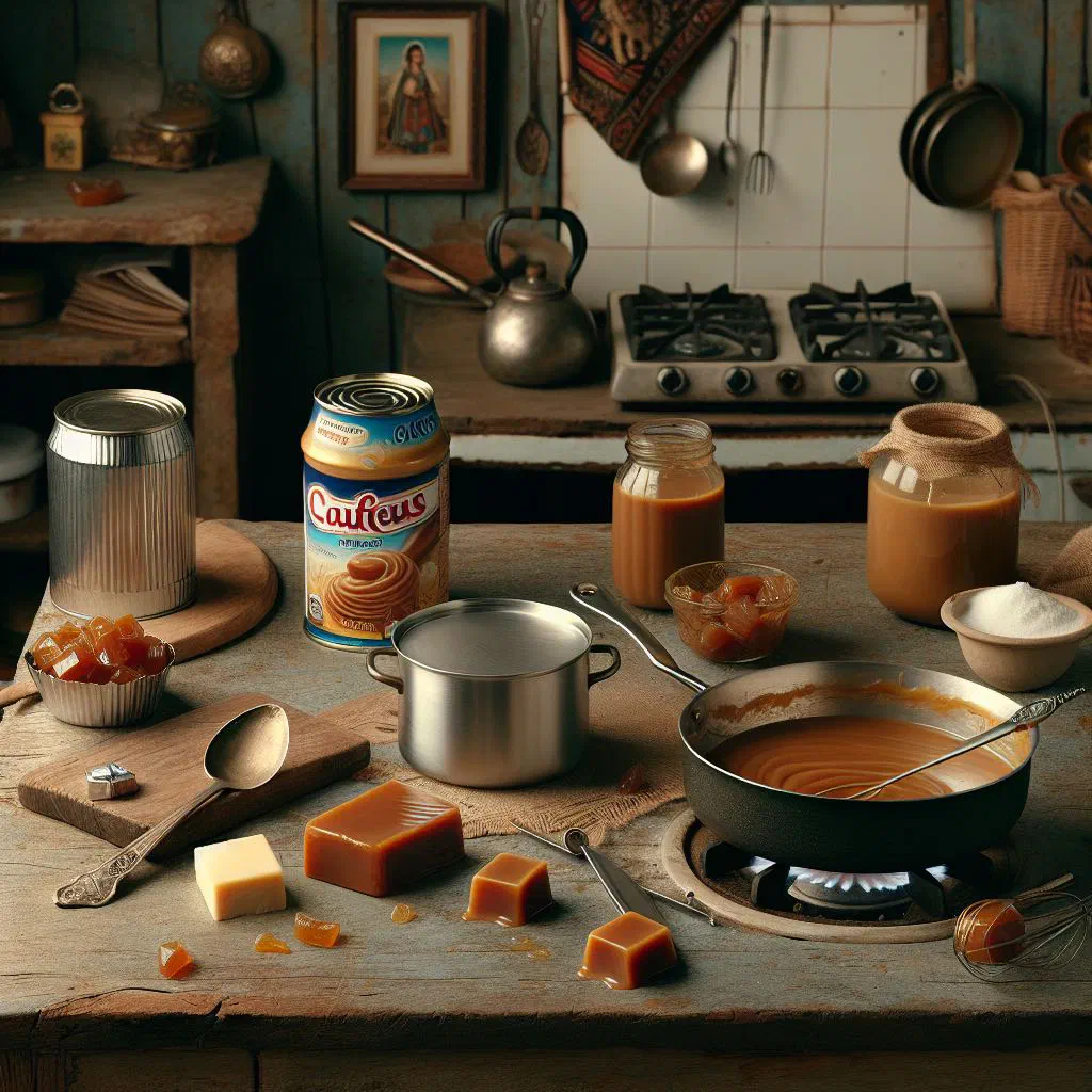A jar of thick golden dulce de leche caramel with a spoon