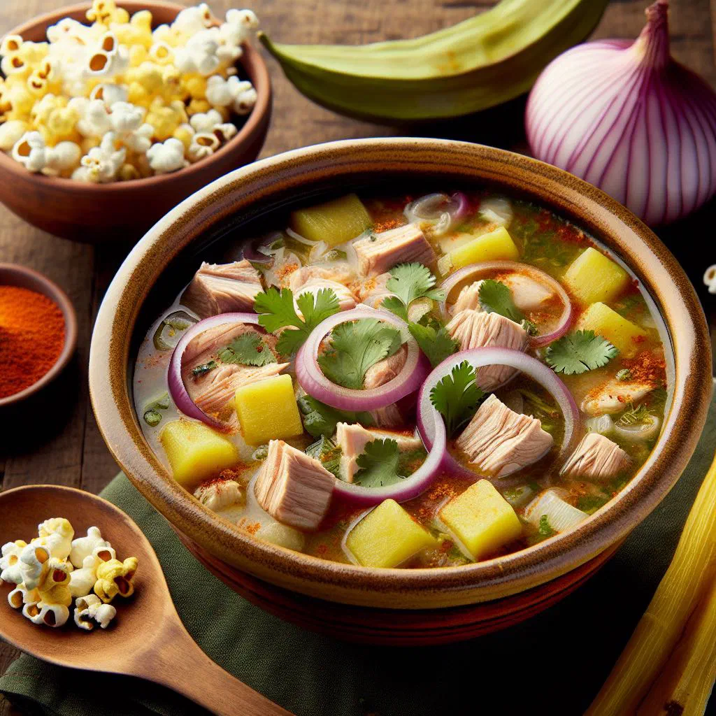 Bowl of Ecuadorian encebollado de pescado garnished with onions, coriander and lime