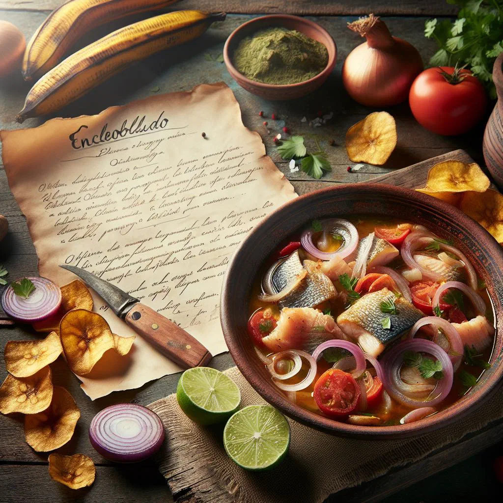 Bowl of Ecuadorian encebollado fish soup with onions, cassava and lime
