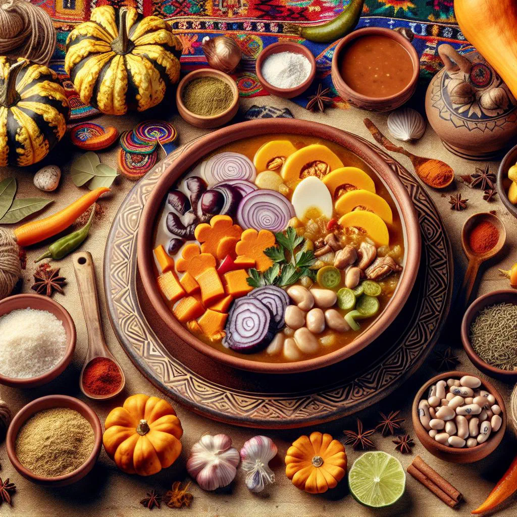 A bowl of Ecuadorian fanesca soup garnished with steamed fish and fresh herbs