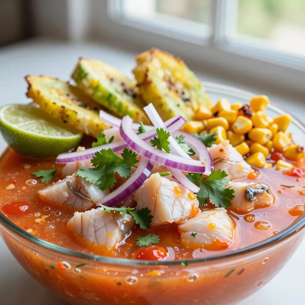 Fish ceviche with red onion, coriander and avocado slices