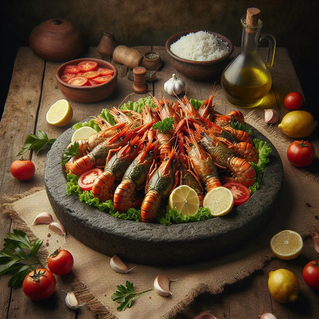 Garlic prawns sizzling in olive oil, garnished with fresh parsley and lime