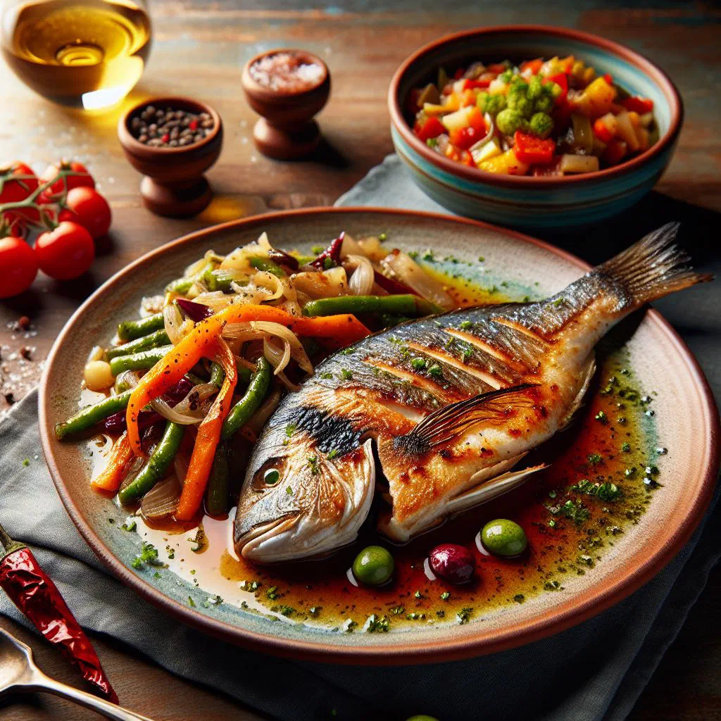 Grilled fish fillet served with a hearty lentil stew and rice