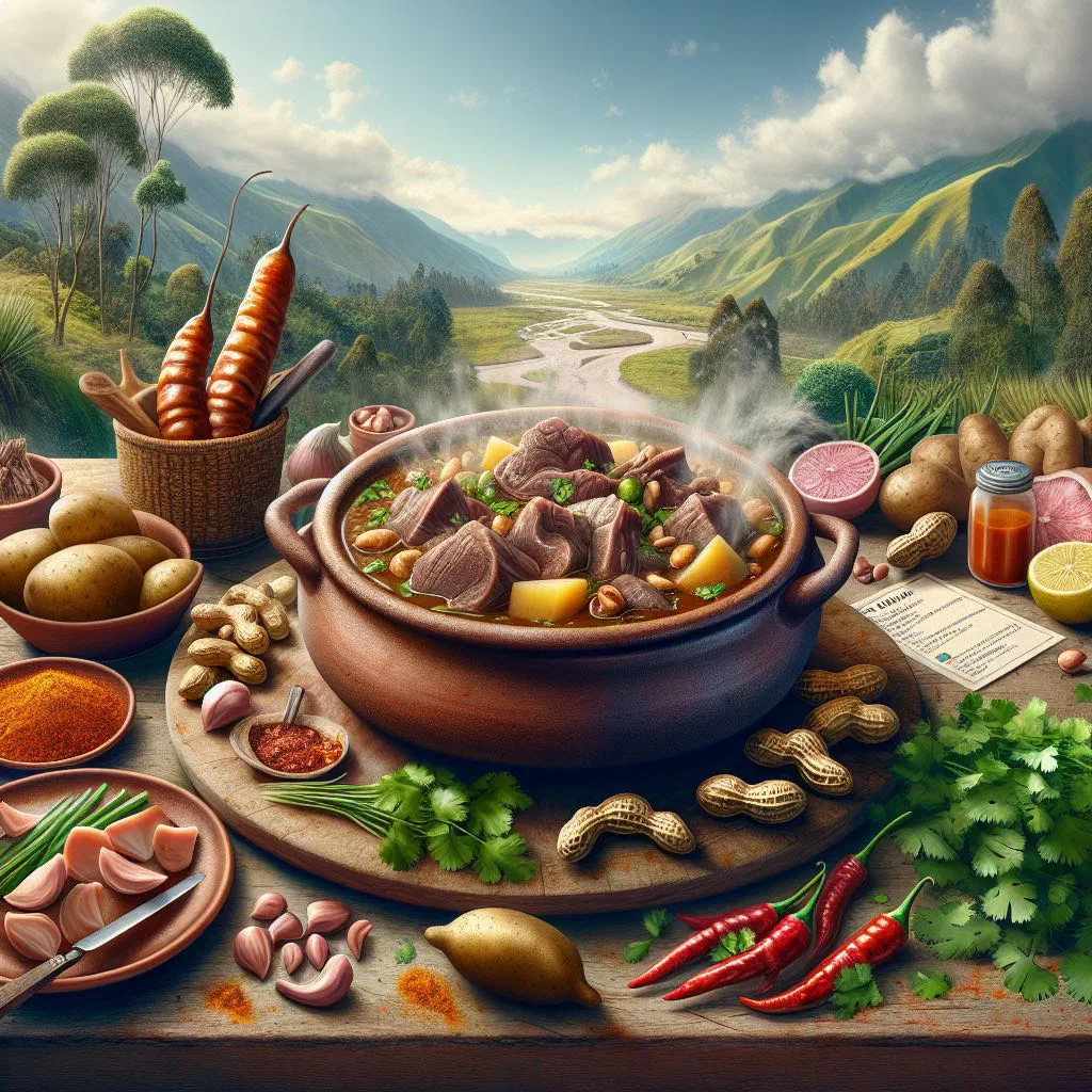 Guatita, tender beef in creamy peanut sauce served with potatoes and fresh coriander