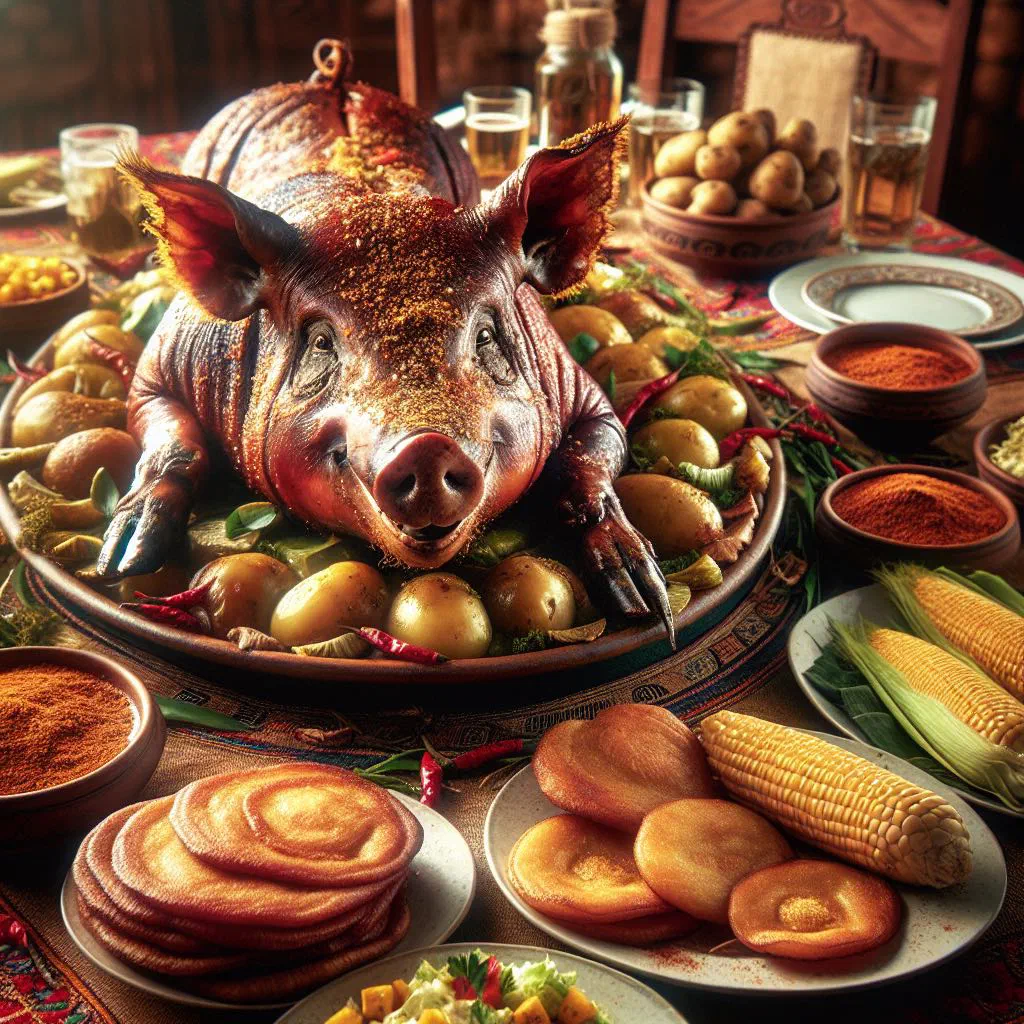 Slow-roasted Ecuadorian hornado pork with a crisp golden crust, served with corn and salad