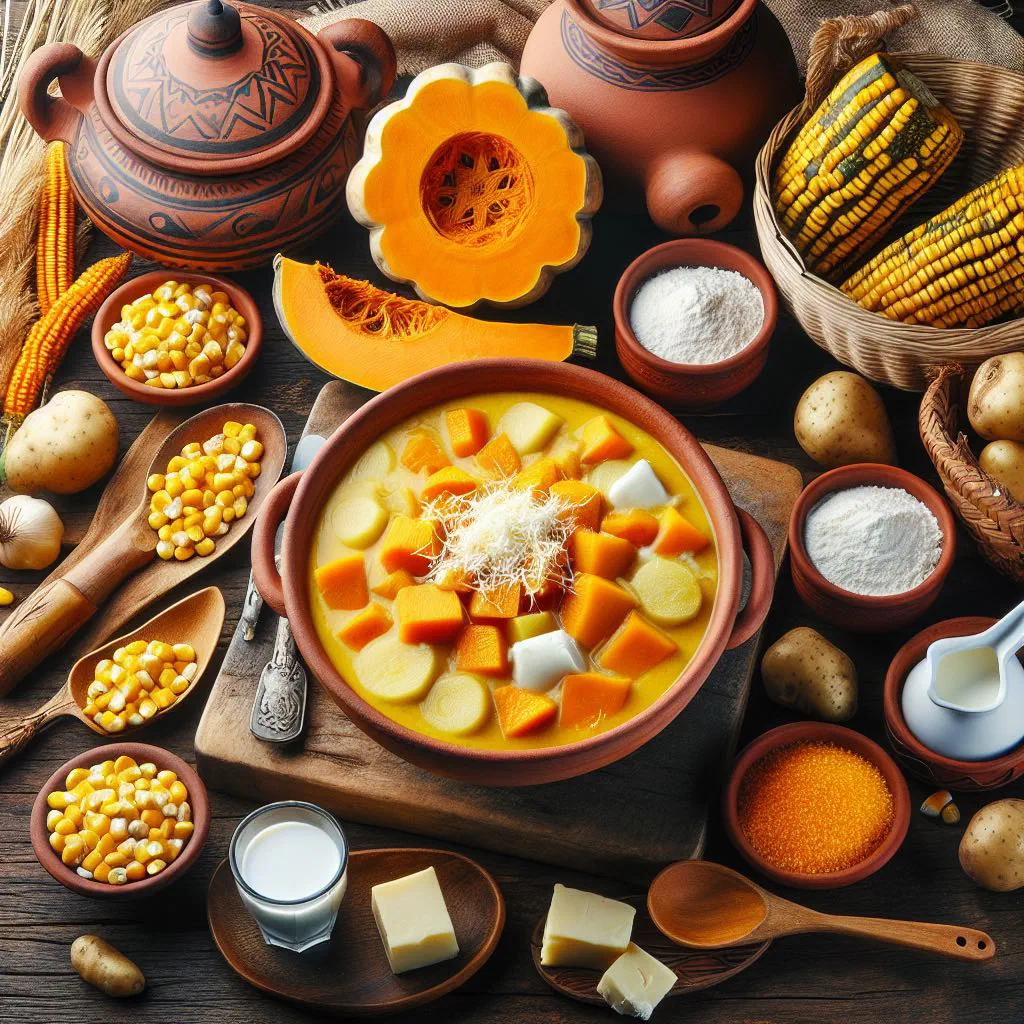 Creamy Ecuadorian pumpkin soup topped with avocado and fresh herbs