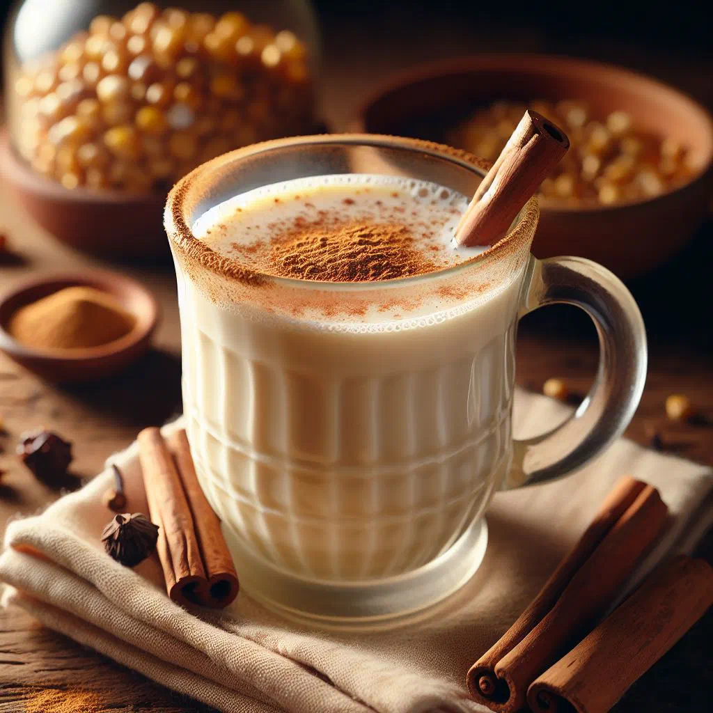 A warm bowl of morocho con leche dusted with cinnamon