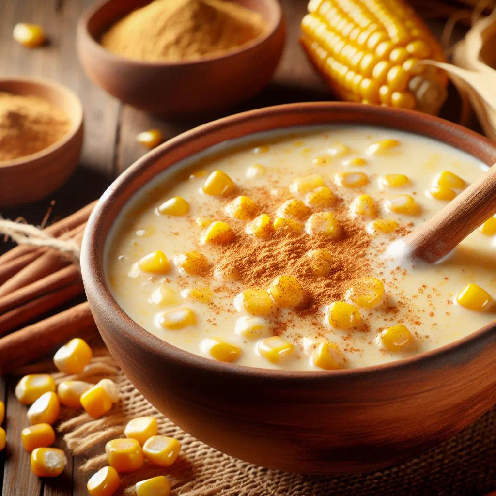 A warm bowl of morocho topped with a dusting of cinnamon