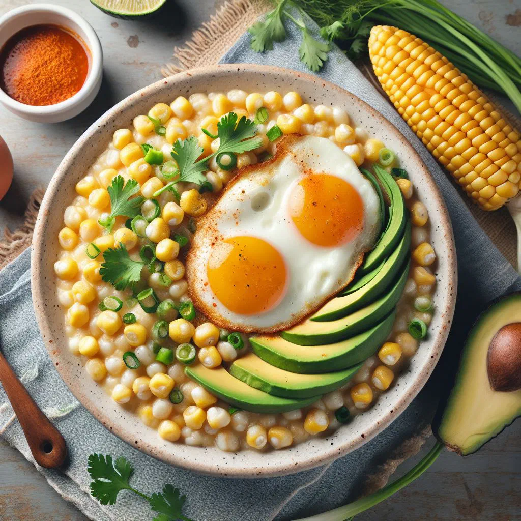 Mote pillo with hominy, scrambled eggs and fresh coriander
