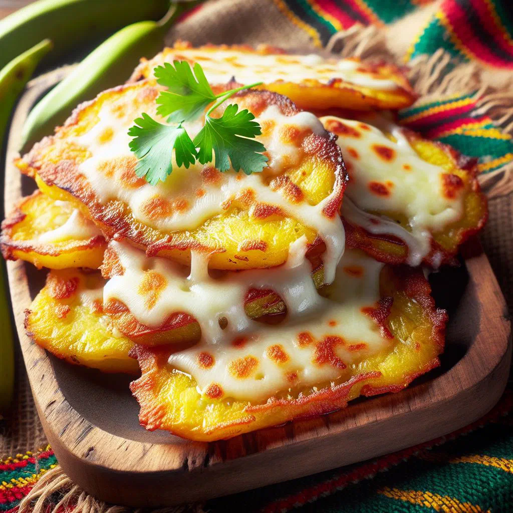 Golden fried plantain patacones topped with melting cheese