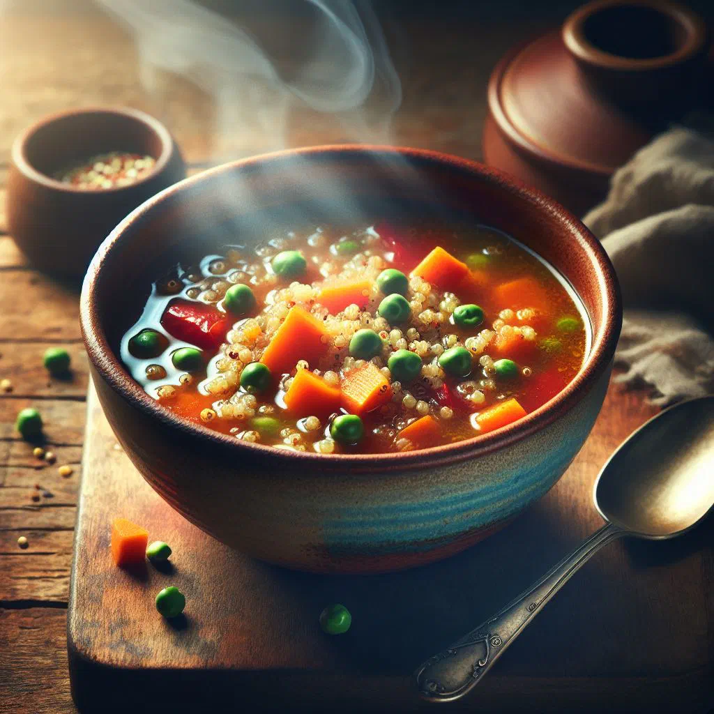 A bowl of Ecuadorian quinoa soup with vegetables and fresh herbs