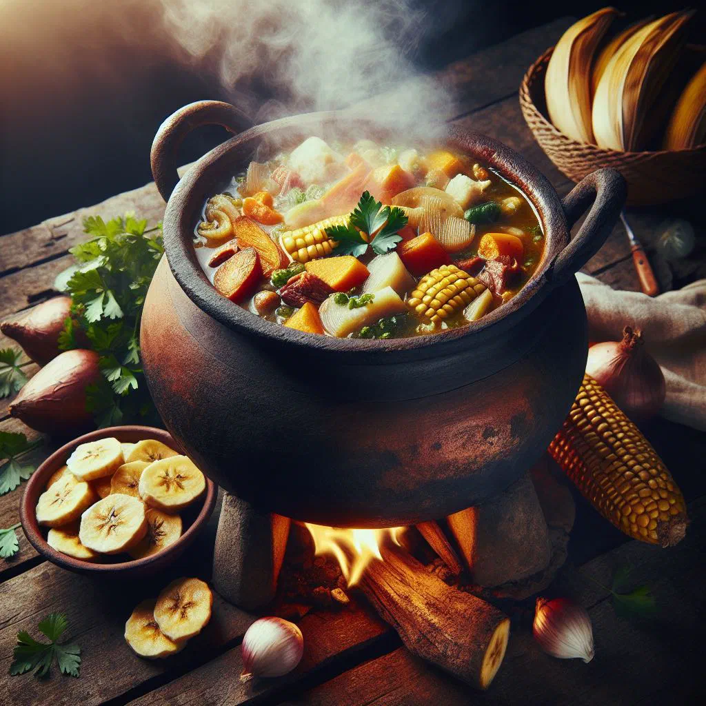 A bowl of Ecuadorian sancocho stew with tender meat, potatoes and vegetables