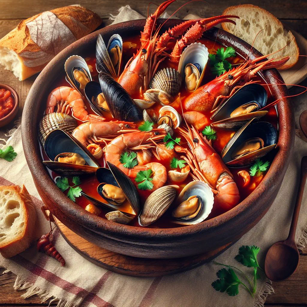 Ecuadorian seafood paila with prawns, mussels and squid in a rich broth