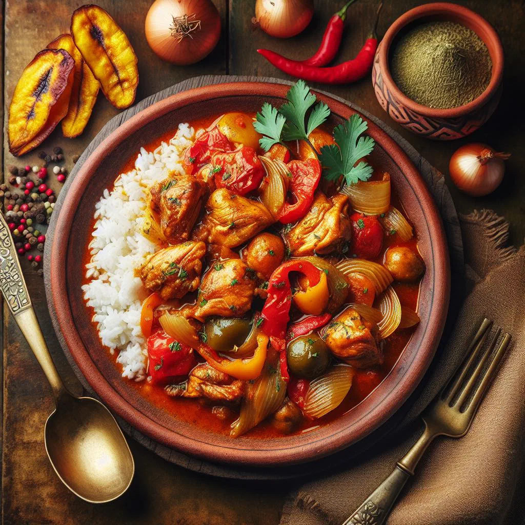 Ecuadorian seco de gallina chicken stew served with rice and avocado