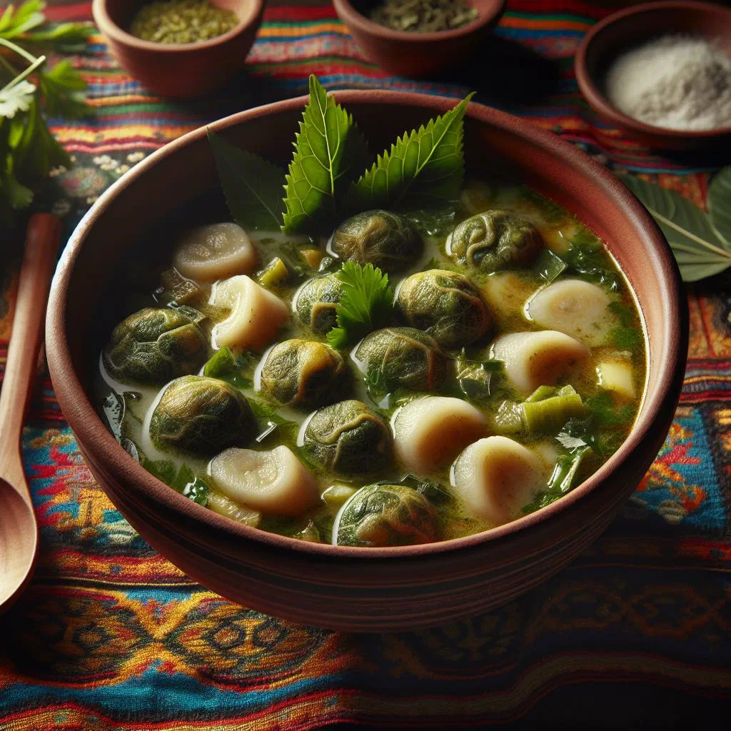 Ecuadorian sopa de bolas de verde with green plantain dumplings and fresh coriander
