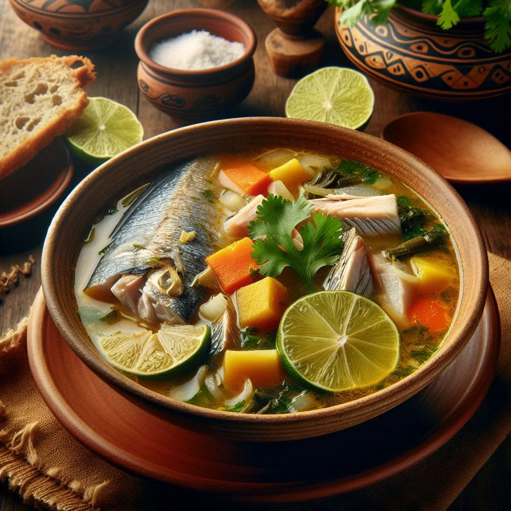 Bowl of Ecuadorian sopa de pescado with fish, vegetables and fresh coriander