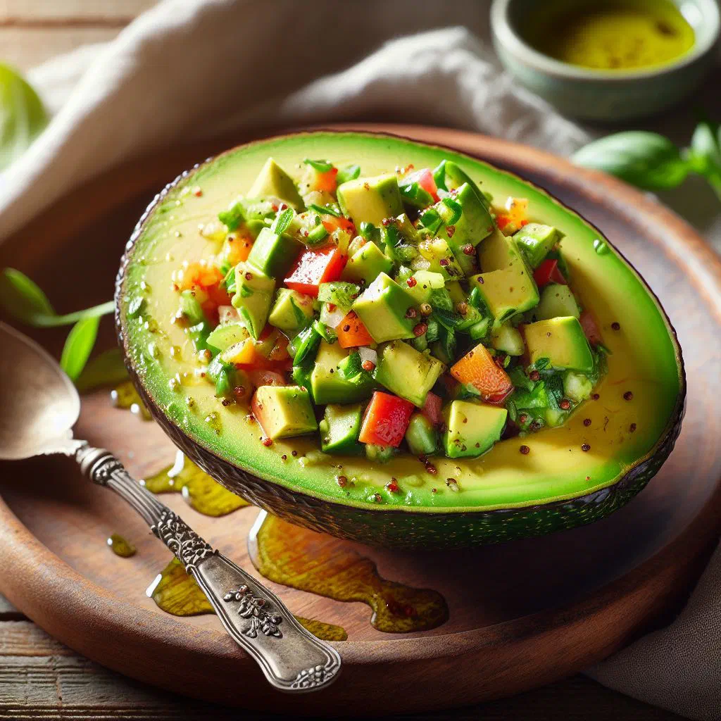 Halved avocados filled with a tuna and vegetable mixture, garnished with coriander