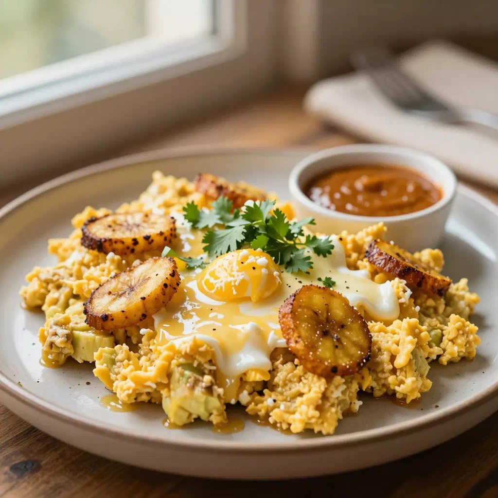 Ecuadorian tigrillo of mashed fried plantain with egg and cheese