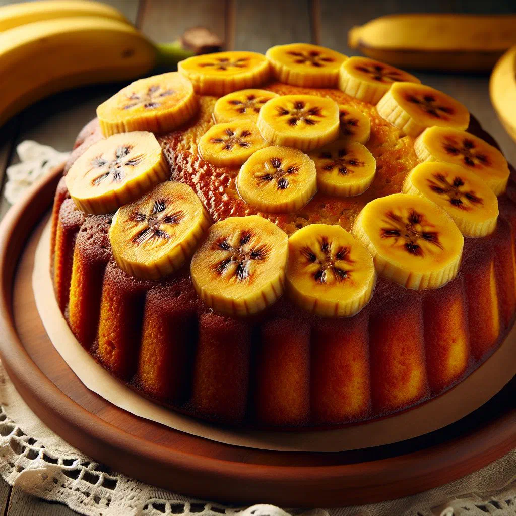 Golden slice of Ecuadorian torta de plátano made with ripe bananas