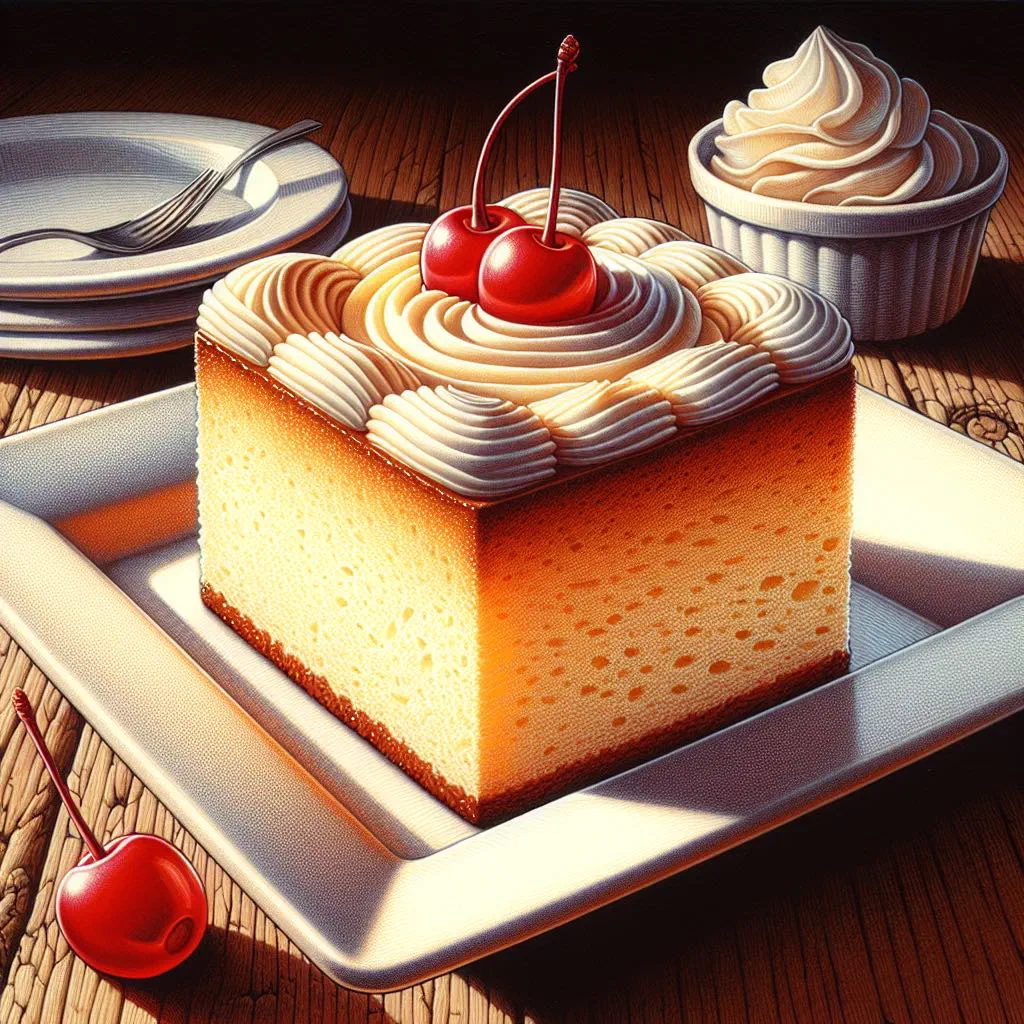 Slice of tres leches cake topped with whipped cream and fresh fruit