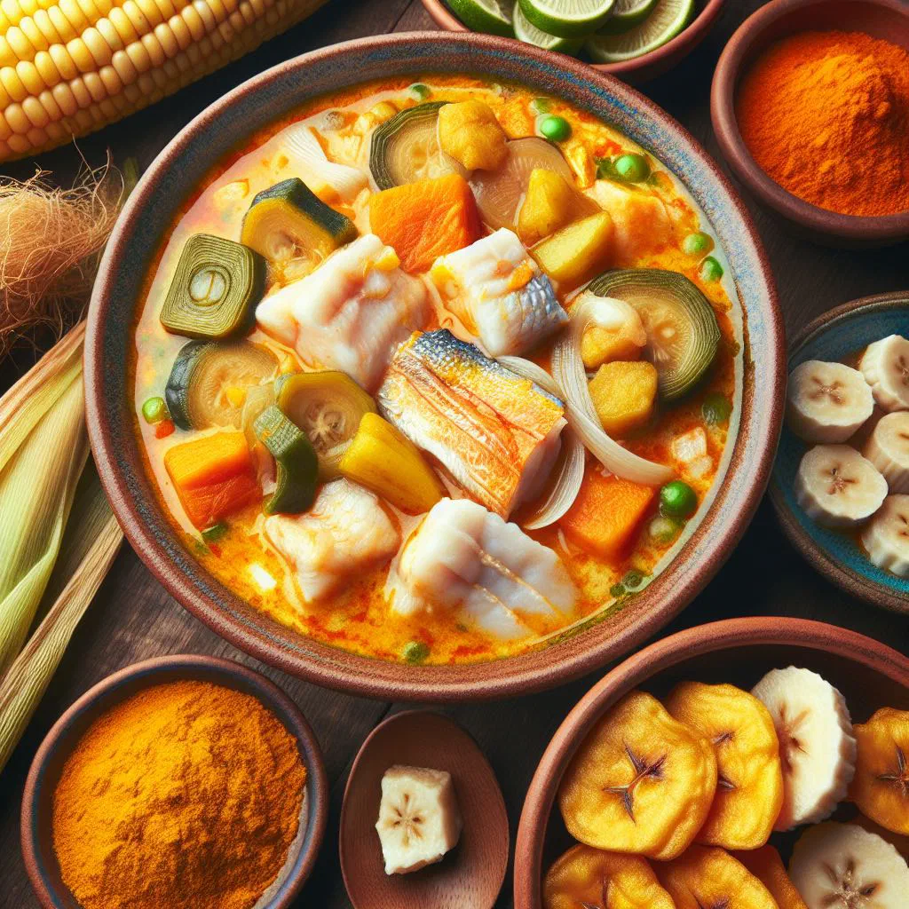 Bowl of viche de pescado, an Ecuadorian fish stew in coconut broth, garnished with fresh coriander and lime