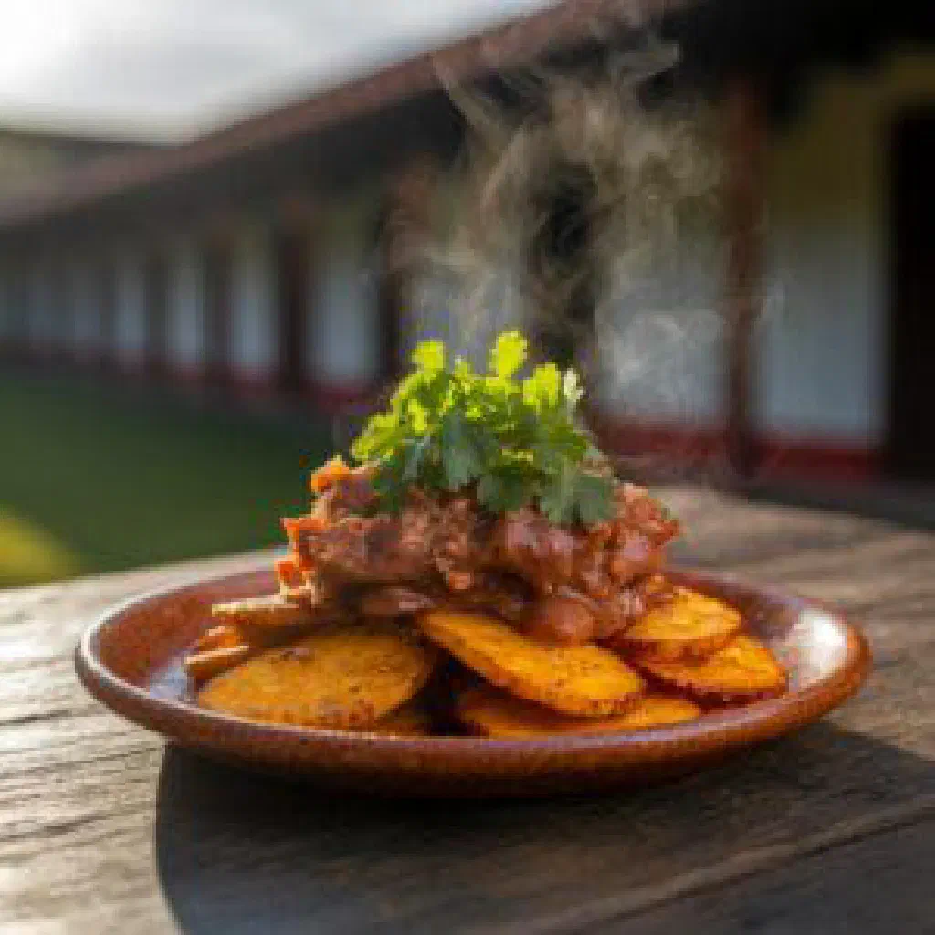 Bowl of zarapatoca fish and yuca stew garnished with fresh coriander and lime