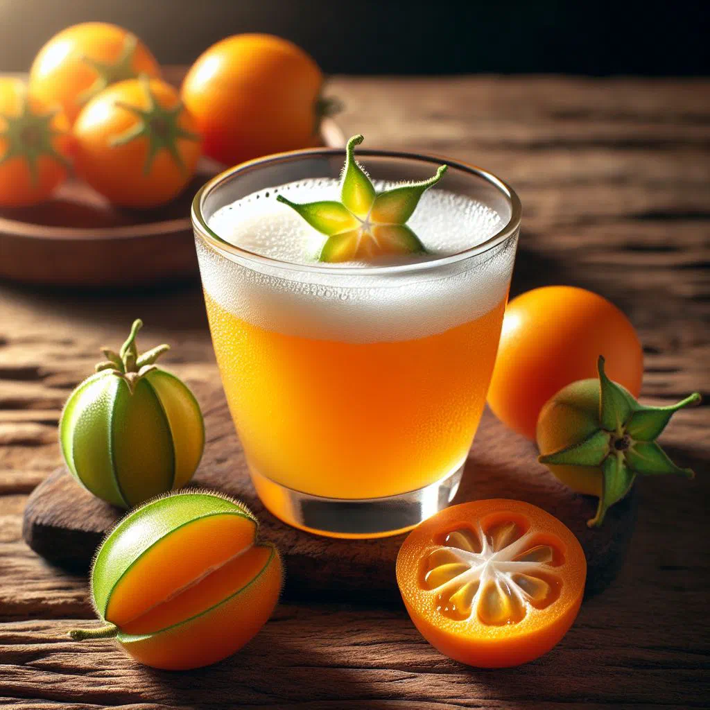 A glass of bright orange zumo de naranjilla with ice and fresh fruit