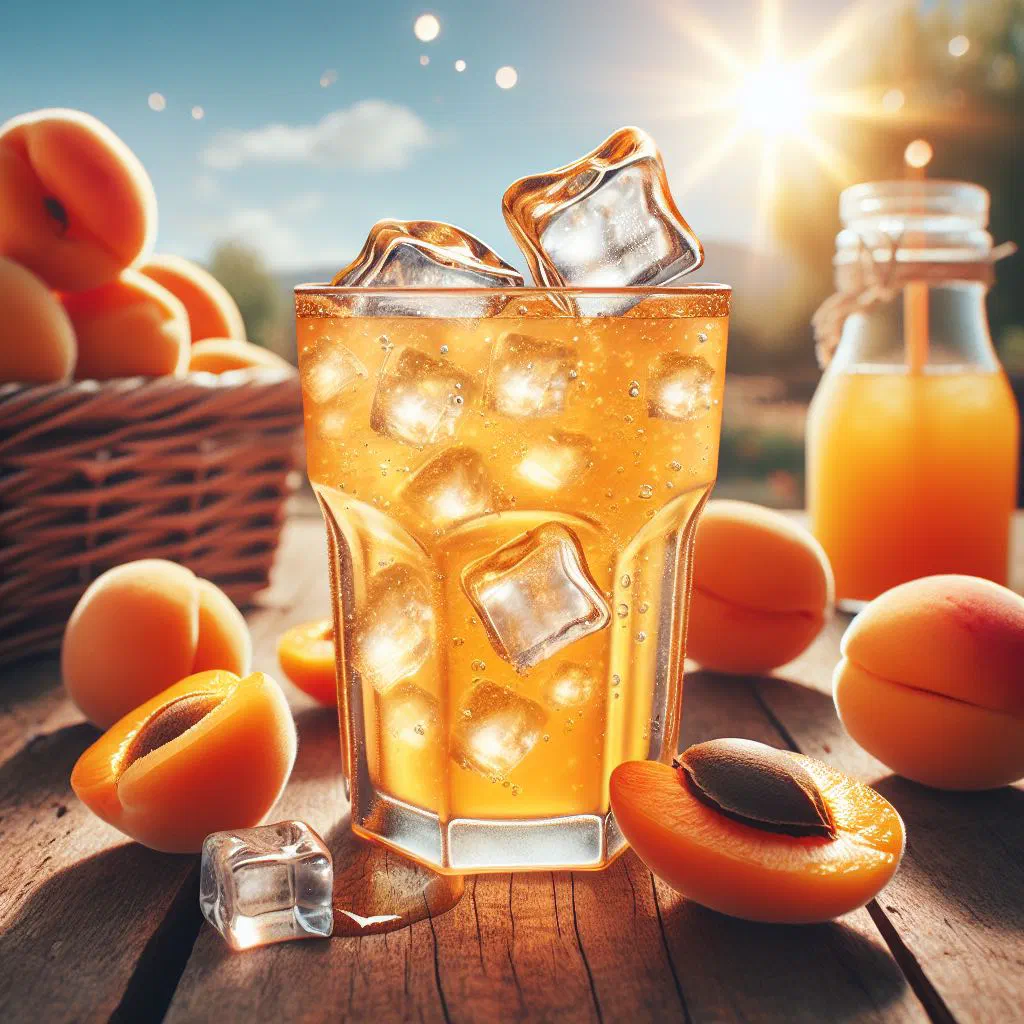 A golden glass of chilled apricot drink garnished with fresh mint