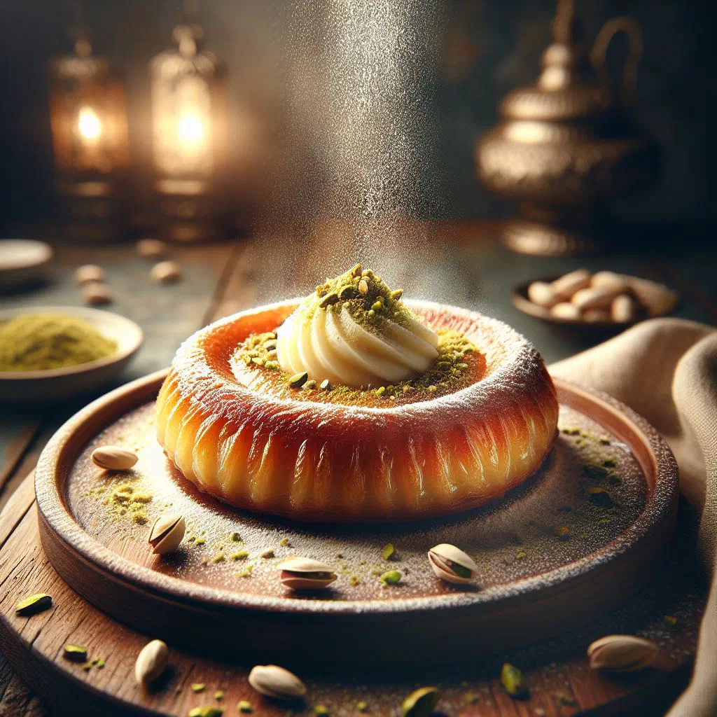 Small filled atayef asafiri pancakes drizzled with syrup and topped with nuts