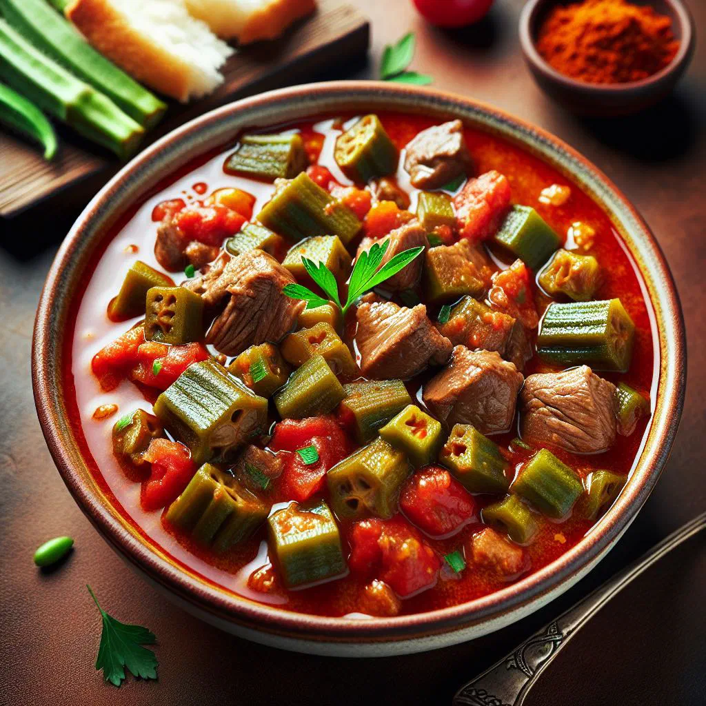 Bamia bel lahm with tender lamb and okra in a spiced tomato sauce