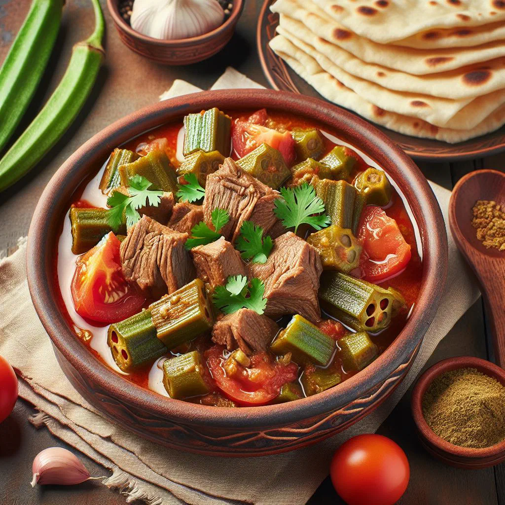 Bamia okra stew simmered in spiced tomato sauce, garnished with coriander